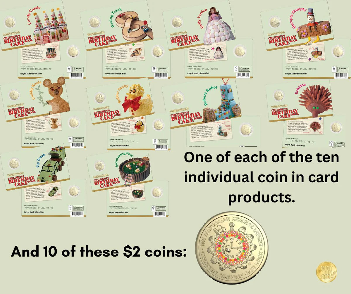 AWW Birthday Cake 10 Coin in Cards & 10 $2 Coloured Coins Bundle AWW Birthday Cake 10 Coin in Cards & 10 $2 Coloured Coins Bundle